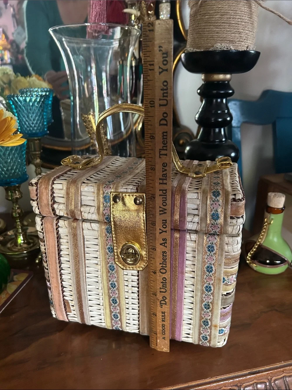 Vintage Woven Wicker Box Handbag with Ribbon Trim